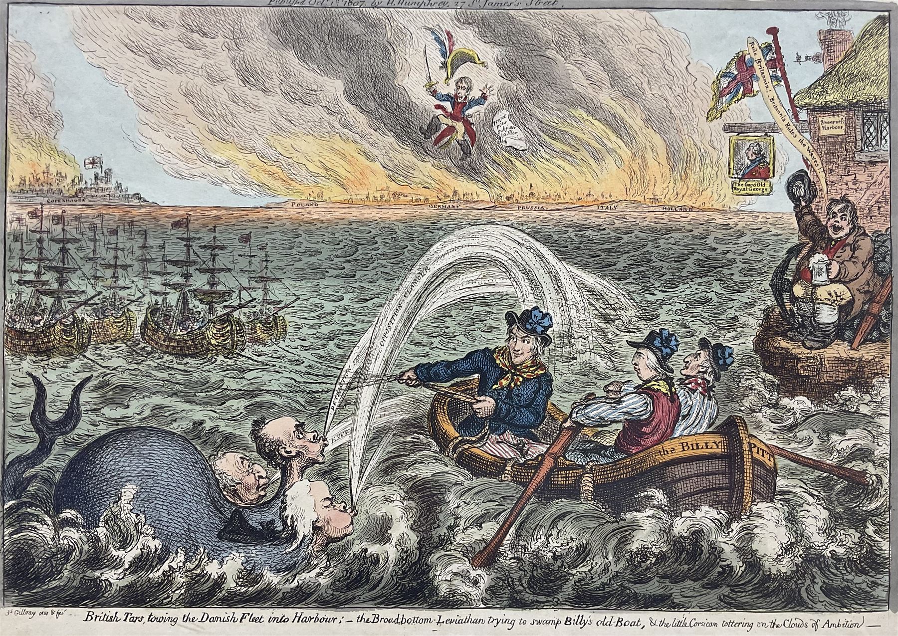 James Gillray (British 1756-1815): 'British Tars Towing the Danish Fleet into Harbour; the Broad-Bottom Leviathan trying Billy's Old Boat, and the Little Corsican tottering on the Clouds of Ambition', early 19th century etching with hand-colour pub. Hannah Humphrey, London, 1st October 1807, 25cm x 35cm with full margins