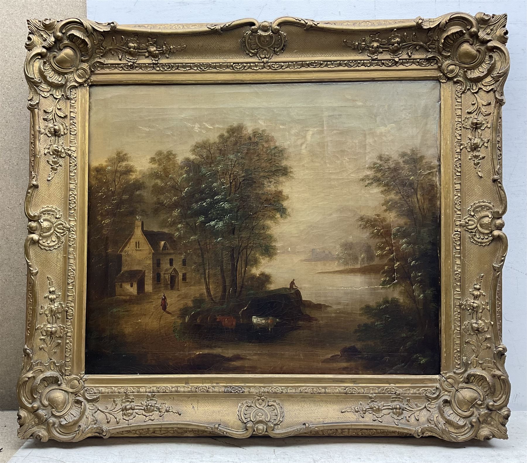 Large swept gilt frame aperture 50cm x 60cm overall 70cm x 80cm containing 19th century oil