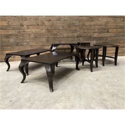 Large square rosewood coffee table, two matching rectangular tables and lamp table, an ova...