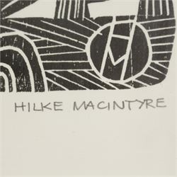 Hilke MacIntyre (German/Scottish Contemporary): 'Woman with a Rake' and 'Big Moon', pair woodblock prints signed titled and numbered 3/50 in pencil 39cm x 29cm (2)