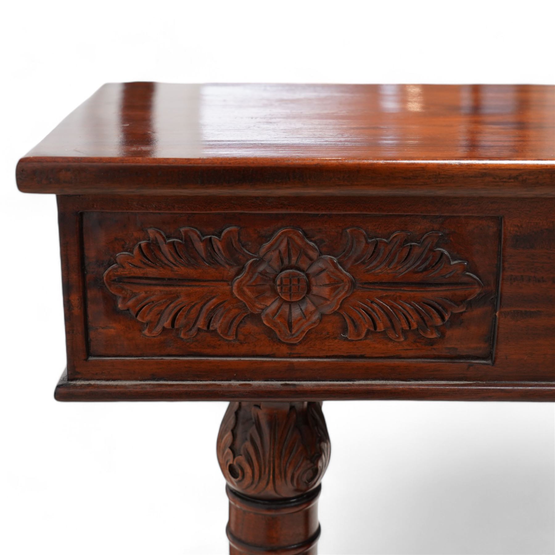 Neoclassical design mahogany console table, rectangular top over Greek key carved frieze with foliate carved back and sides, raised on twin pilaster end supports with acanthus capitals, on a plinth base