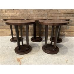 Five walnut circular bar or bedroom occasional tables