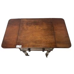 19th century mahogany drop-leaf work table, rectangular top with rounded corners, fitted with two cock-beaded drawers over pleated silk storage well, with matching opposing faux drawers, on turned and lobe moulded supports on castors