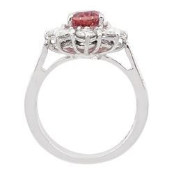 18ct white gold oval pink tourmaline and round brilliant cut diamond cluster ring, hallmarked, tourmaline approx 2.50 carat, total diamond weight approx 0.40 carat