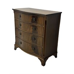 Georgian design mahogany serpentine chest, shaped banded top over four graduating cock-beaded drawers, on bracket feet 