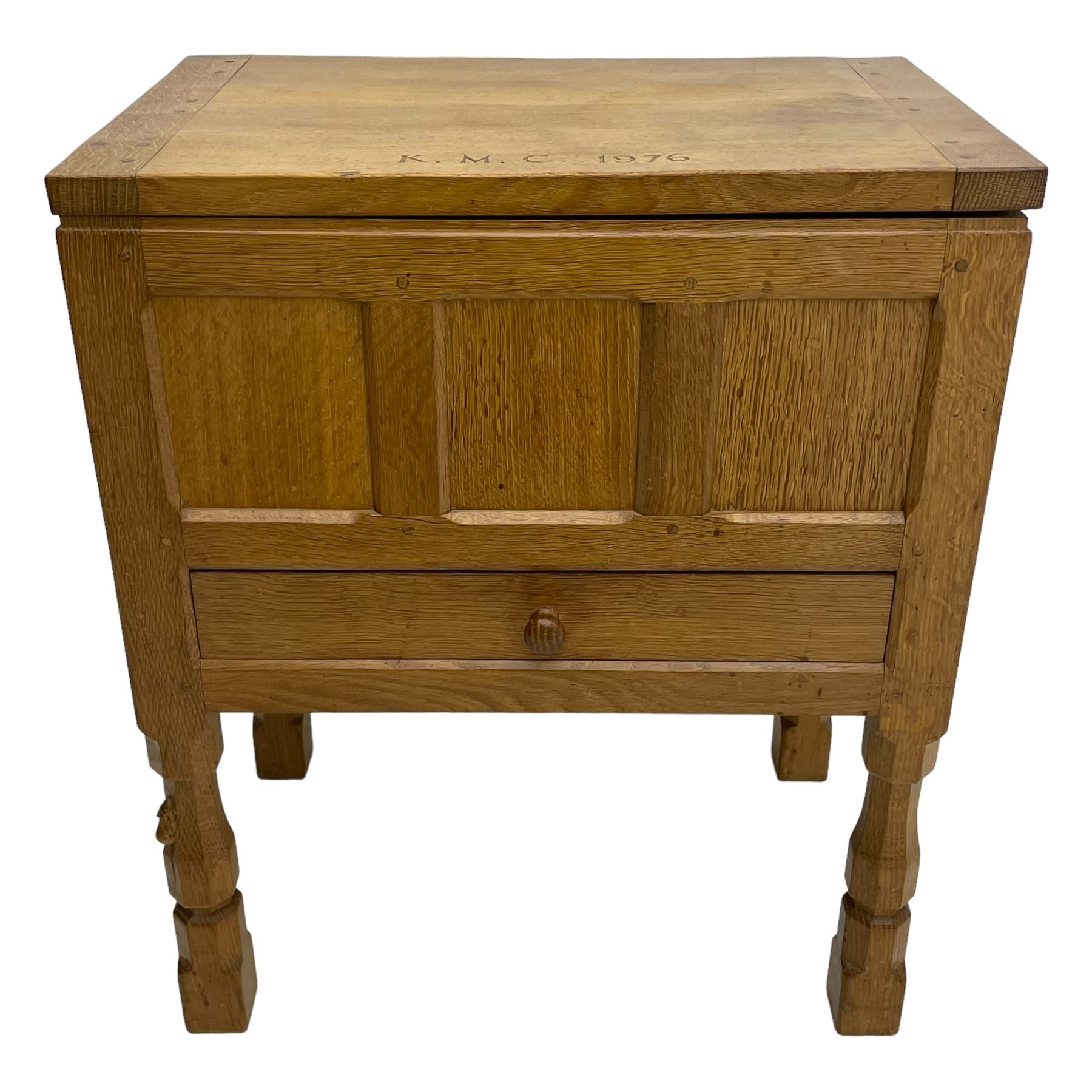 Mouseman - oak work or sewing box, rectangular adzed top inscribed 'L. M. C. 1976' enclosing vacant interior, triple panelled front and double panelled sides, fitted with single drawer, on octagonal supports, carved with mouse signature, by the workshop of Robert Thompson, Kilburn 