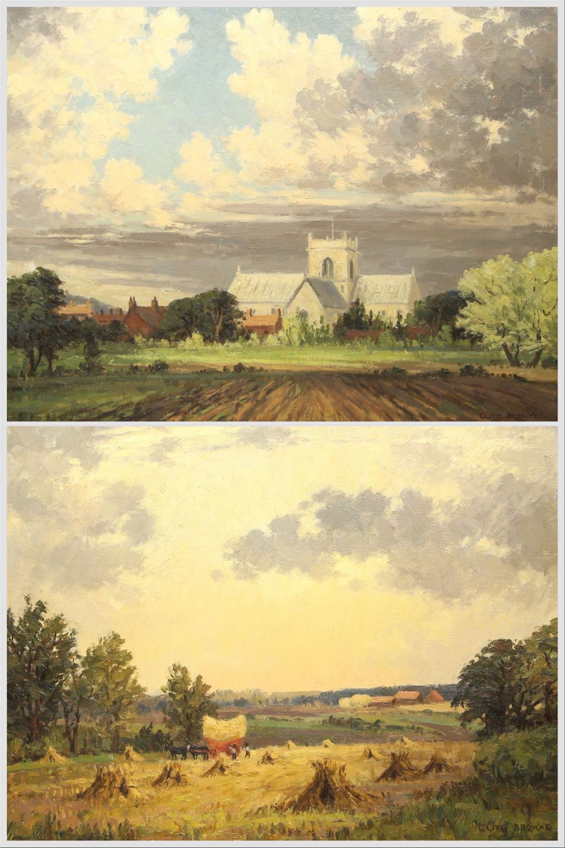 Clive Richard Browne (British 1901-1991): 'Old Time Harvest' and Church Landscape, pair oils on canvas signed 39cm x 49cm (2)