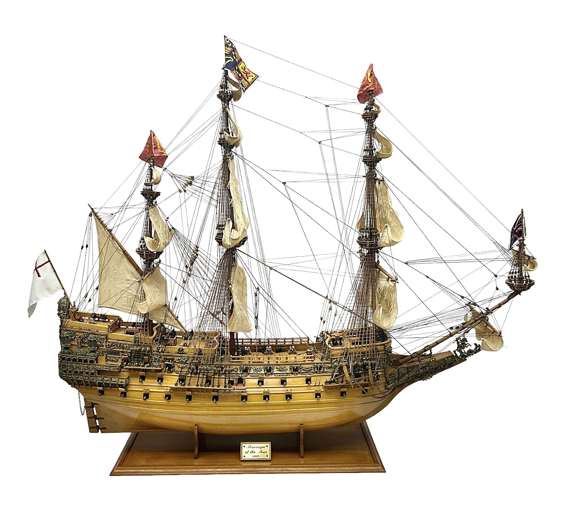 Large kit built scale model of 17th century Royal Navy warship 'HMS Sovereign of the Seas', upon wooden stand with engraved name plaque, H91cm, W111cm