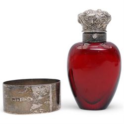 Victorian ruby glass scent flask with embossed hinged cover H9cm and a silver oval napkin ring (2)