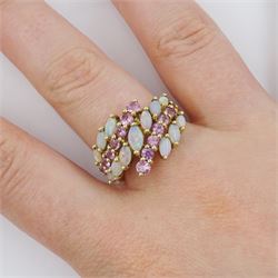 9ct gold five row marquise cut opal and pink sapphire ring, hallmarked