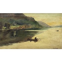 A Johnson (British 19th Century): 'Brantwood - Coniston Lake' River Landscape, oil on canvas signed and dated 1821, inscribed verso 29cm x 50cm 