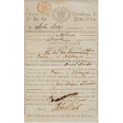 George III Game Duty Certificate issued to the Wapentake of Aslacoe, Lincoln, parish of Bl...