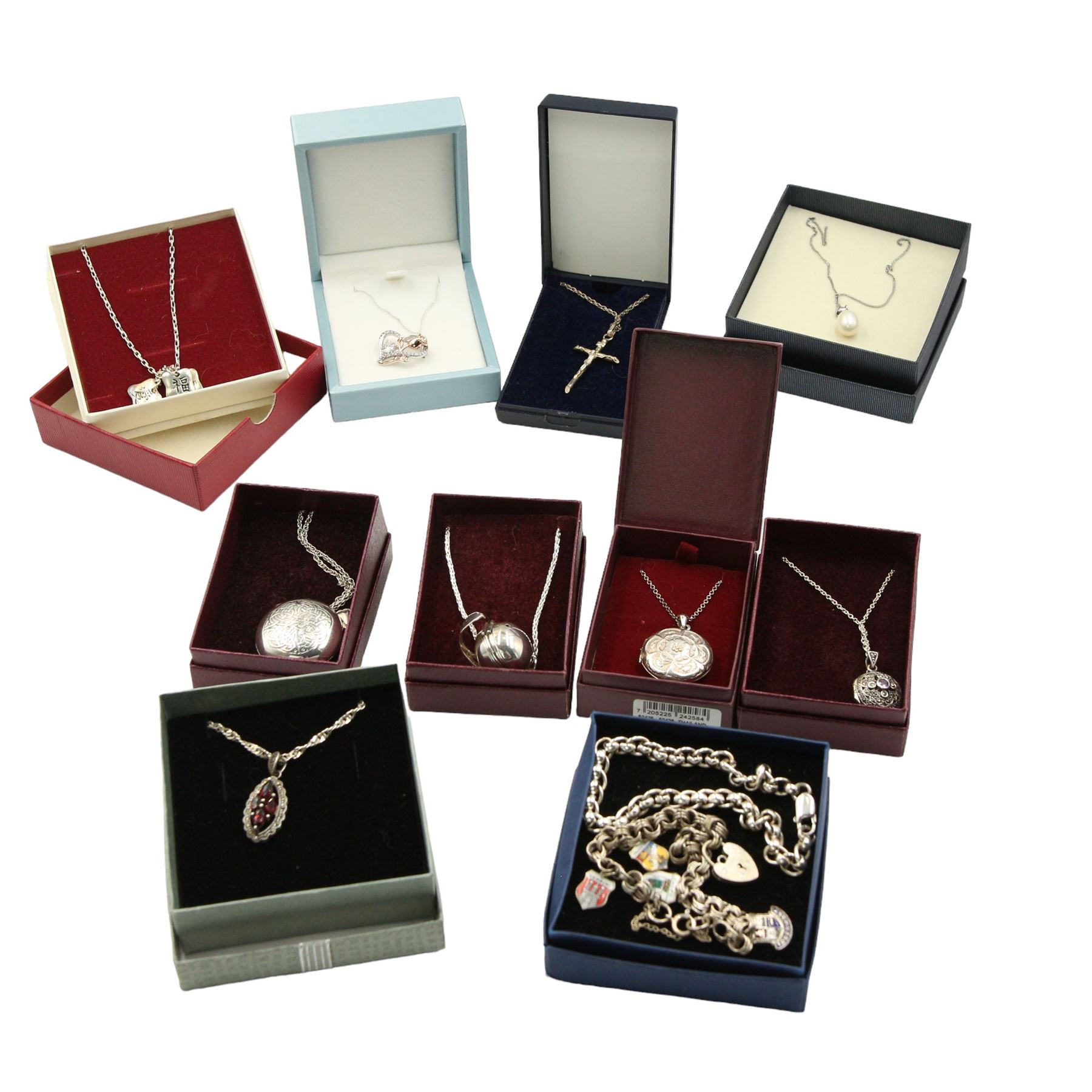 Group of silver jewellery, including four Past Times silver locket pendants on chains, cultured pearl pendant on chain, four other pendant necklaces, silver charm bracelet and anther silver bracelet