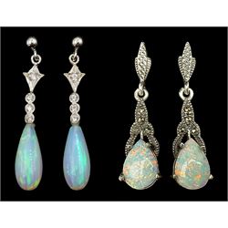 Pair of silver opal and marcasite pendant stud earrings and a pair of silver opal and cubic zirconia pendant stud earrings