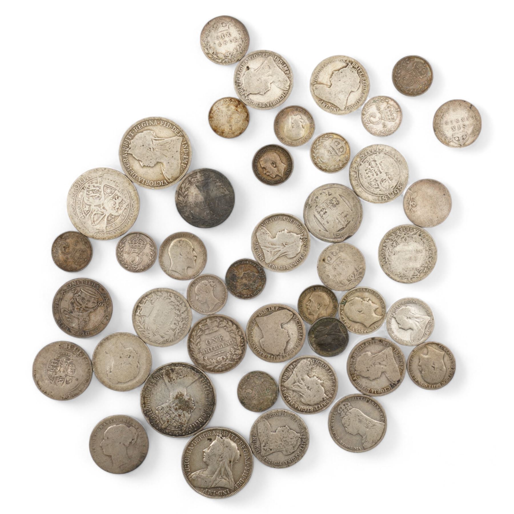 Approximately 175 grams of Great British pre 1920 silver coins, including threepence pieces, sixpences, shillings and florins