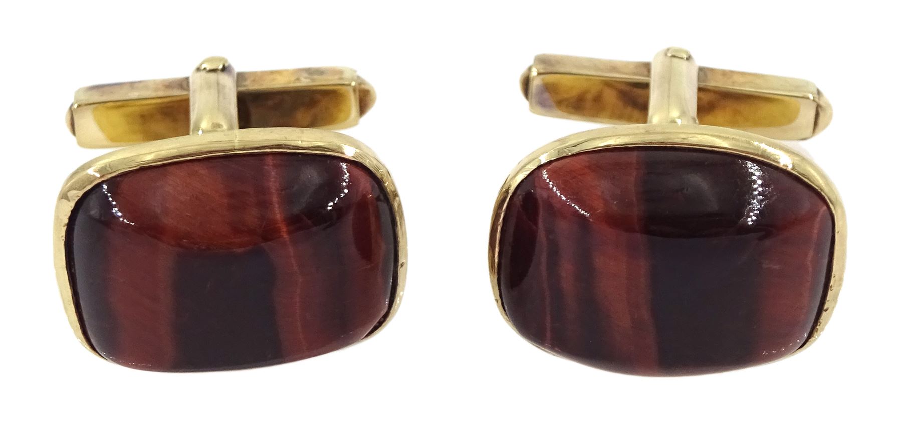 Pair of 9ct gold red tiger's eye cufflinks, stamped