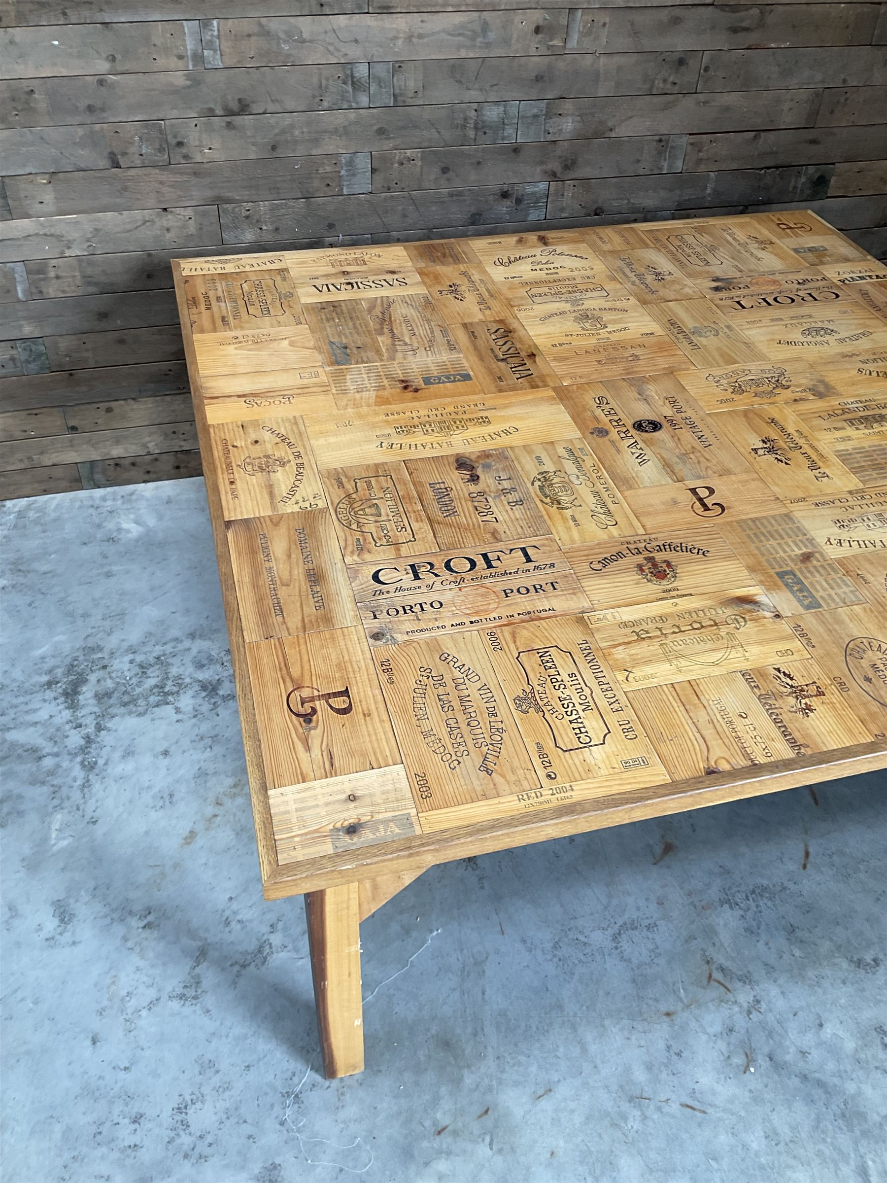 Square centre dining centre table, parquetry wine crate top with oak edging, on beech legs