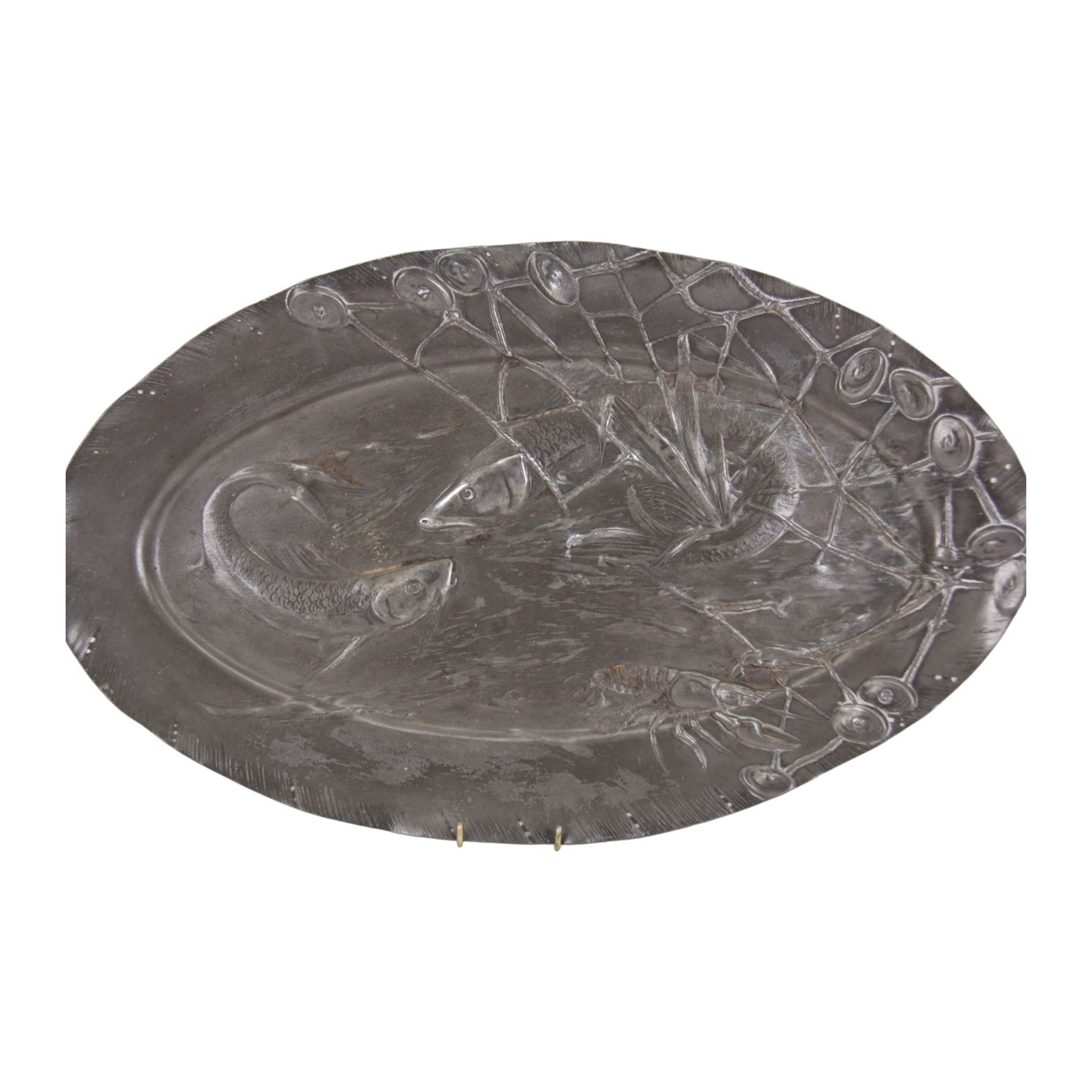 Art Nouveau pewter platter, of oval form with shaped rim, decorated in relief with a lobster and two koi fish, L52cm