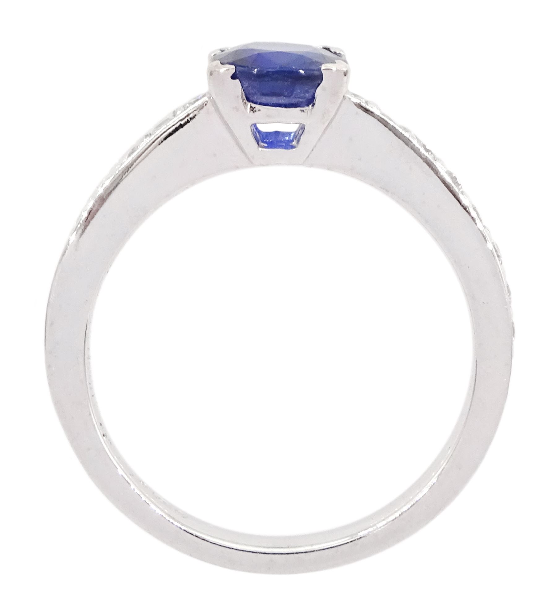 18ct white gold oval cut Ceylon sapphire ring, with diamond set shoulders, hallmarked, sapphire approx 1.25 carat