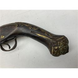 REGISTERED FIREARMS DEALERS ONLY - Reproduction flintlock pistol, the full walnut stock with brass filigree inlay and mounts and skull crusher butt L46cm; no visible proof marks