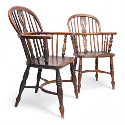 Near pair of 19th century elm and ash Windsor armchairs, each with double hoop and stick back with shaped and pierced splat, dished seat on turned supports united by crinoline stretcher 