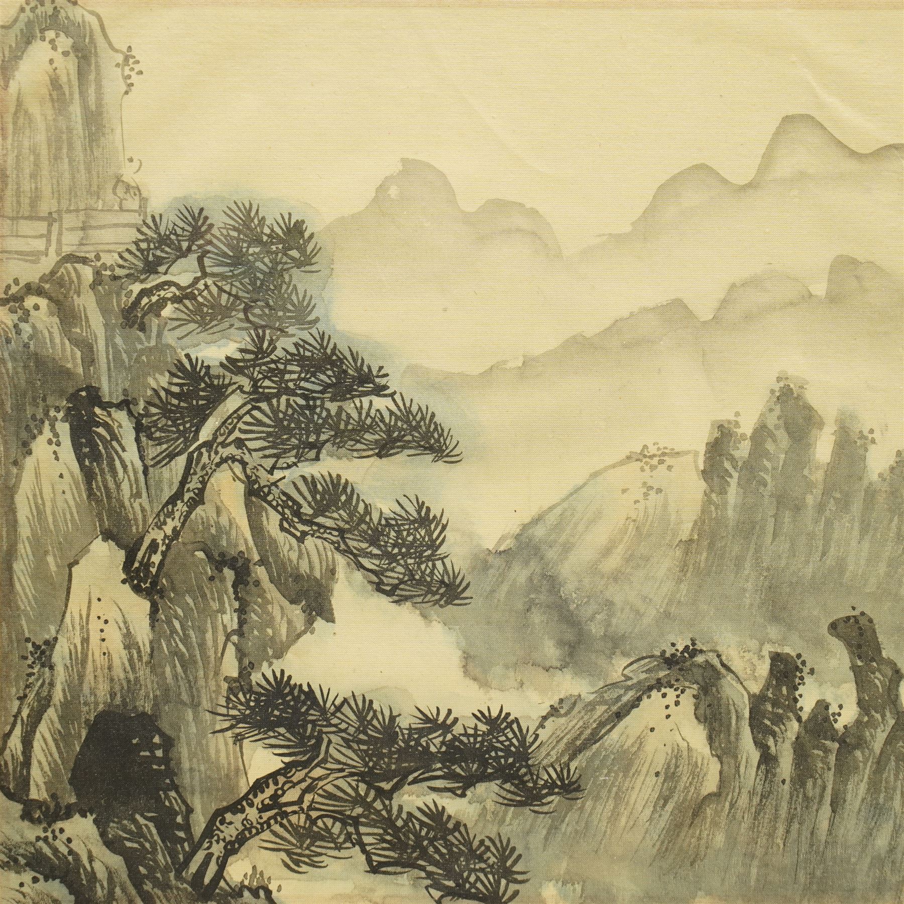 Chinese School (19th century): Mountainous Landscape with Temple and Trees, set three watercolours on silk unsigned 25cm x 25cm (3)