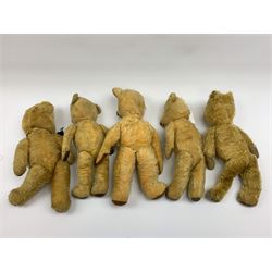 Five English teddy bears 1930s-1950s including three Chiltern, one Chad Valley and another, average H14.5