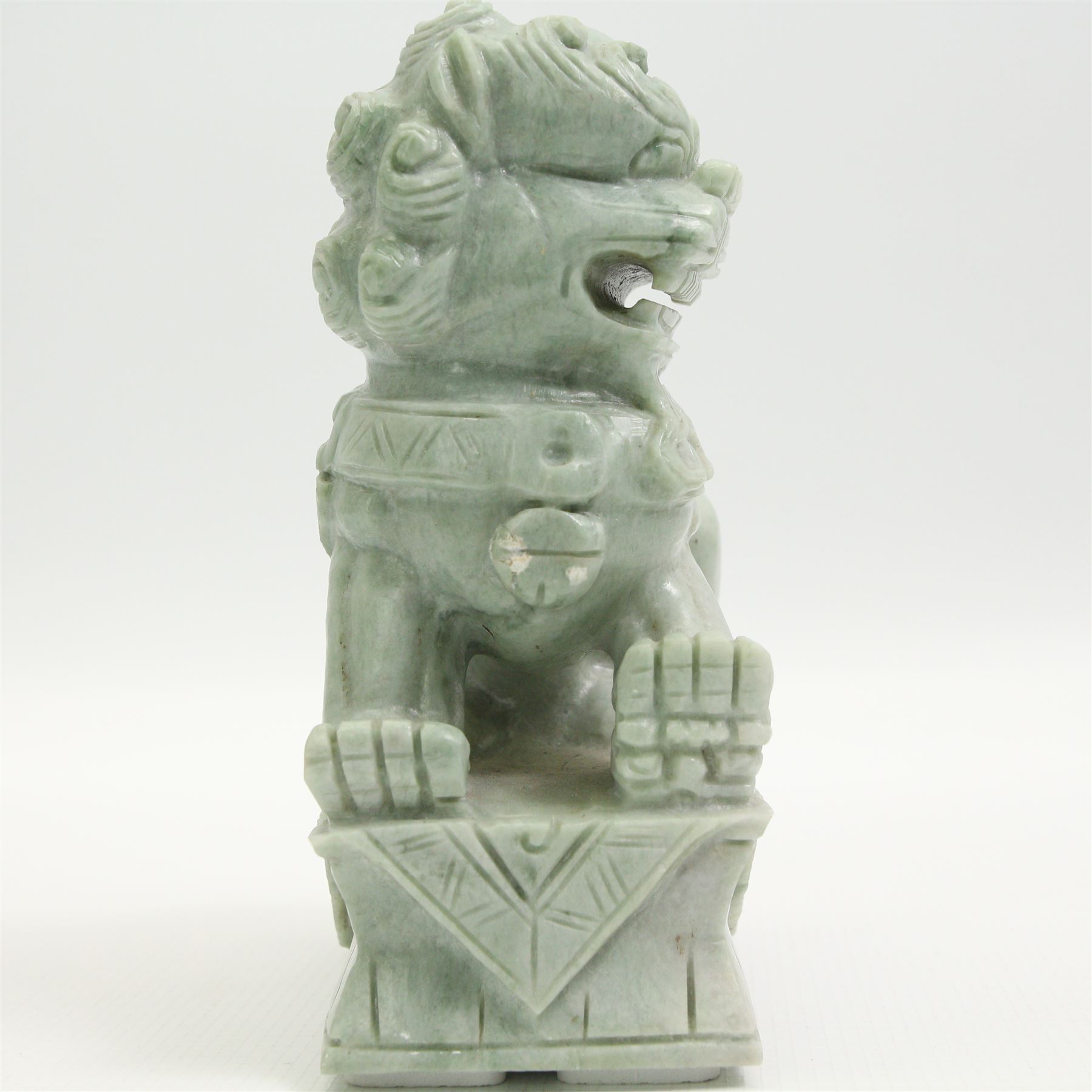 Pair of Chinese carved green stone temple lions, H17cm 