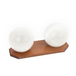 Pair of large Selenite spheres, upon a wooden base D12cm