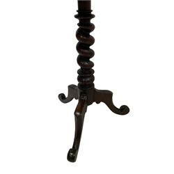 Victorian mahogany tripod table, dished circular top on spiral turned column, three splayed supports with scrolled terminals 