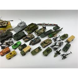 Various makers military vehicles - boxed Corgi Tiger Mk.1 tank No.900; six other by Corgi; four by Dinky; and over twenty others predominantly by Matchbox/Lesney, all unboxed; together with a quantity of plastic soldiers by Lesney etc; and some battlefield layout accessories
