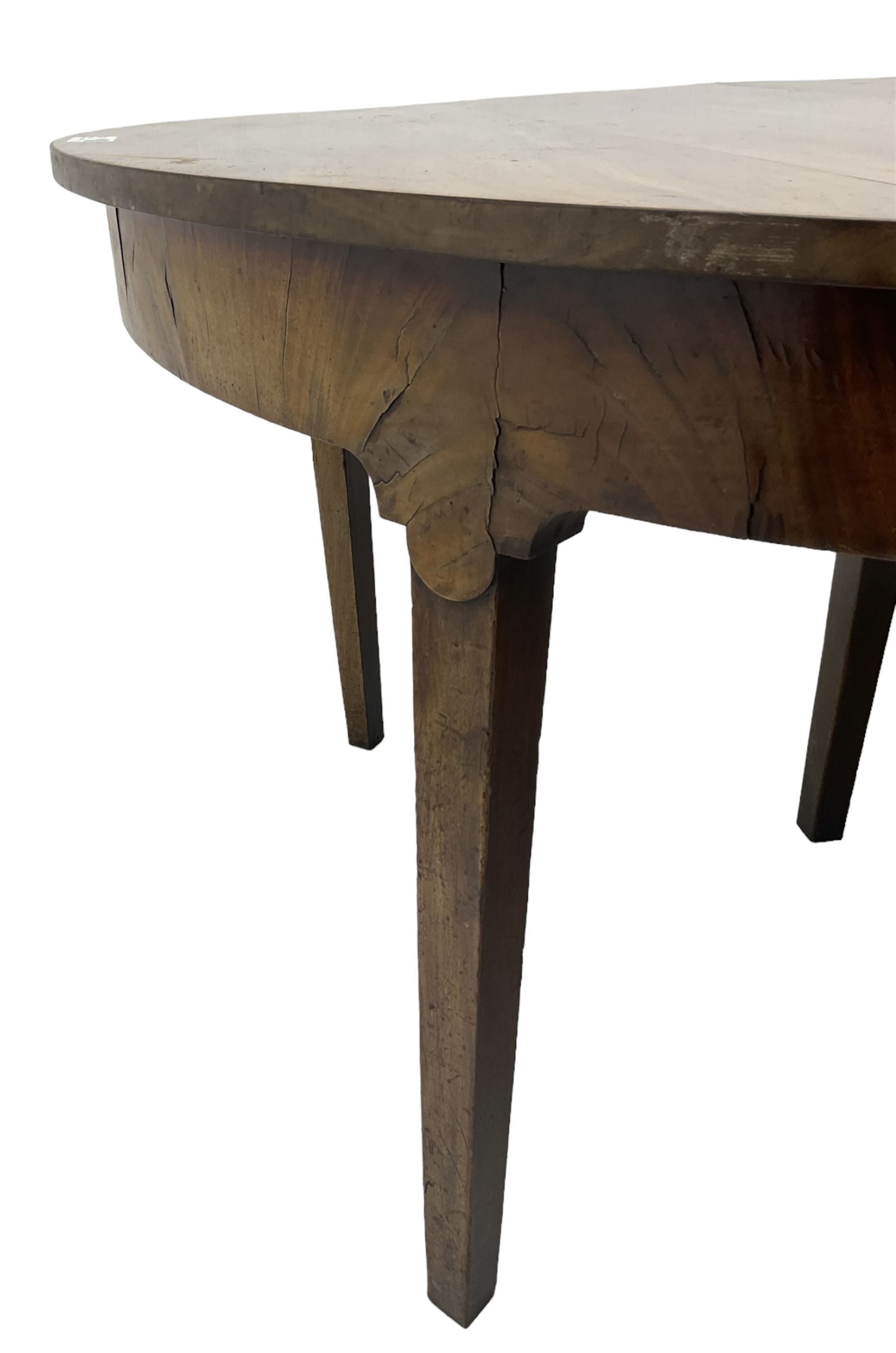 George III mahogany extending dining table, two D-ends with two leaves, on square tapering supports