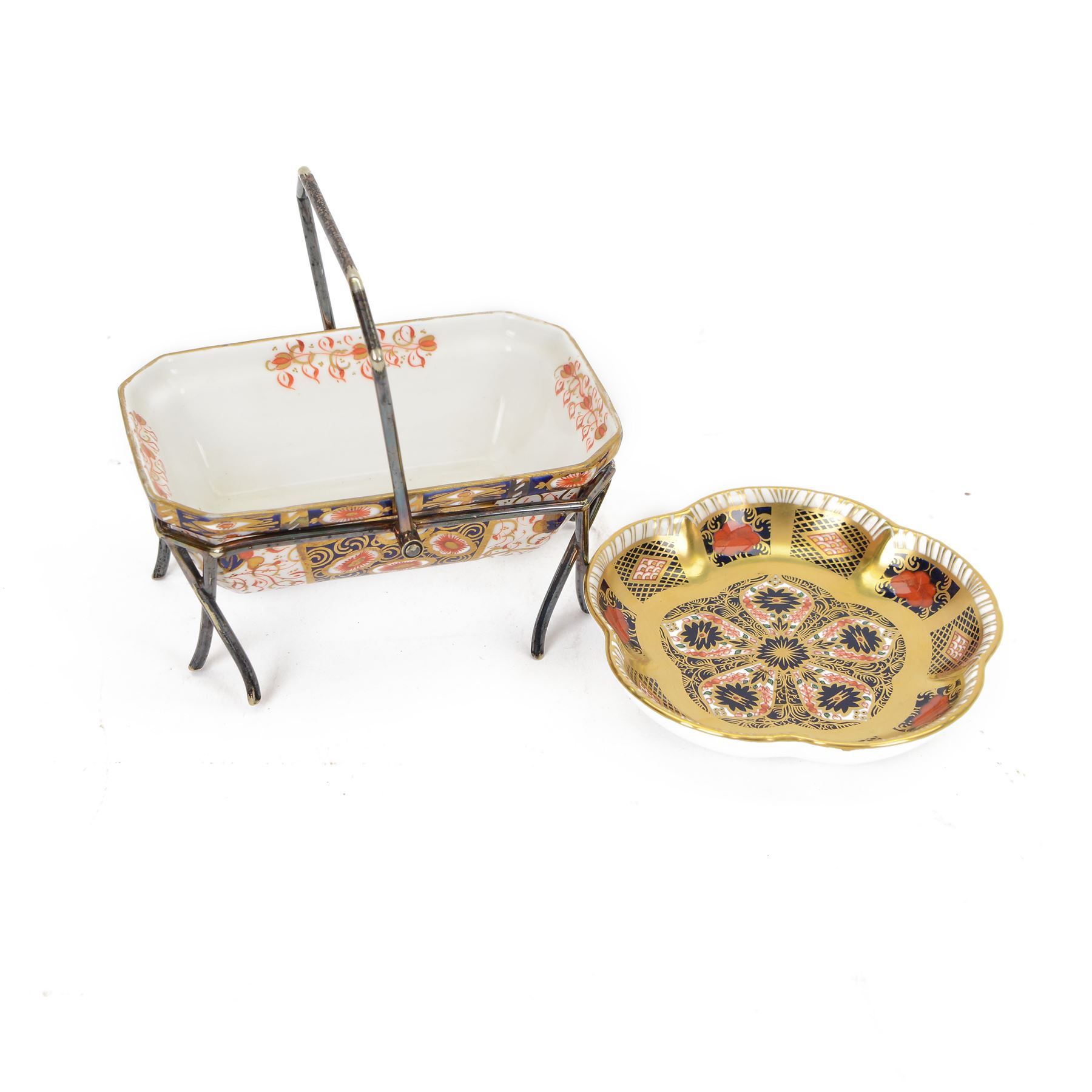 Royal Crown Derby 1128 Imari pattern trinket dish, together with Taylor Tunnicliff Imari pattern basket with silver plated stand 