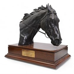 'Winner The Harworth Estates Handicap Stakes, Pontefract 8th July 2008' - Bronzed resin horses head by Doris Lindsey on wooden base 21cm x 20cm , another 'Tote Scoop6 6th November 1999, signed with initials 'CD' and two others (4) 