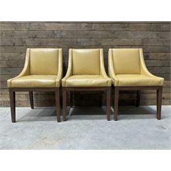 3 x walnut framed dining chairs, upholstered in a dark beige leather