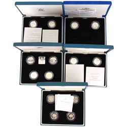 Fourteen The Royal Mint United Kingdom silver proof one pound coins, dated 1994, 1995, 1996, 1997, 1999, 1999 piedfort, 2000, 2000 piedfort, 2001, 2002, 2003, 2004, 2004 piedfort and 2005 piedfort, all with certificates, housed as sets or part sets in various cases