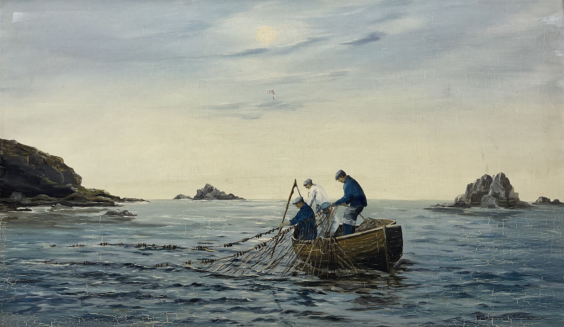 Prudence Turner (Scottish 1930-2007): Pulling in the Nets, oil on board signed 44cm x 75cm