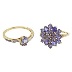 Gold tanzanite ring, with diamond set shoulders and a gold tanzanite cluster ring, both hallmarked 9ct