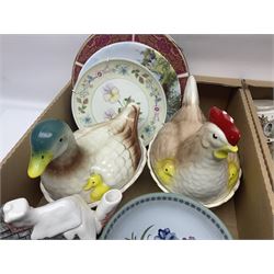 Two hen on nests, one modelled as a hen, one modelled as a duck, Wedgwood Jasperware lidded box, motto ware bottle and a collection of other ceramics, glassware etc, in four boxes 