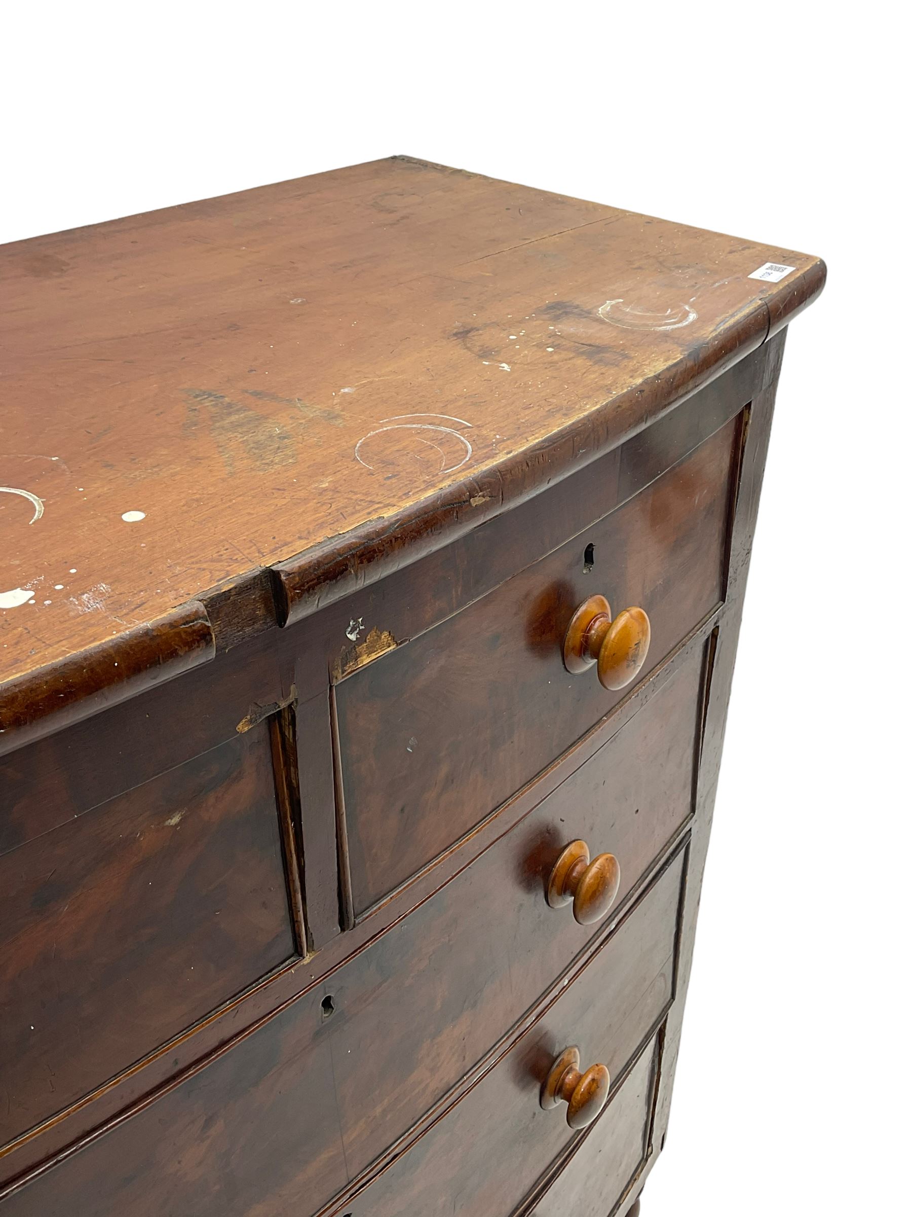 Victorian mahogany bow-front chest, fitted with two short and three long drawers, on turned feet