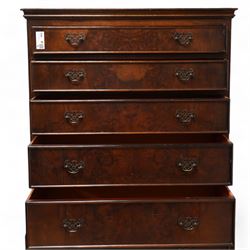 Georgian design figured walnut chest-on-chest, projecting cornice over nine graduating cock-beaded drawers, on cabriole feet 