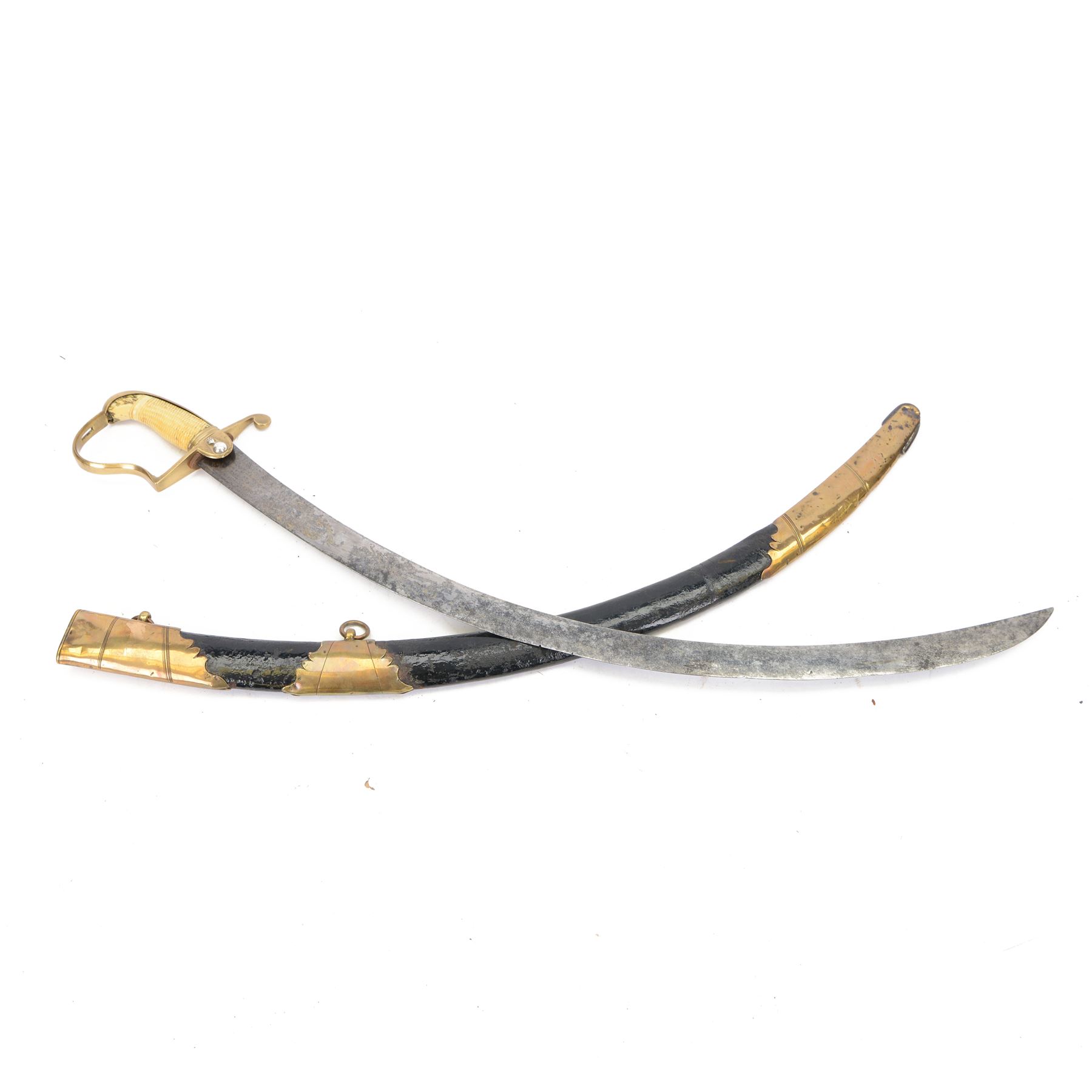 George III  British Grenadier Officer's private purchase scimitar, the 71.5cm curving blade with traces of bluing and gilding, brass hilt with D-shaped langets, one applied with a flaming grenade, knucklebow and chequered ivory grip; in leather covered scabbard with copper or brass mounts and two suspension rings, L86.5cm overall
This item has been registered for sale under Section 10 of the APHA Ivory Act 