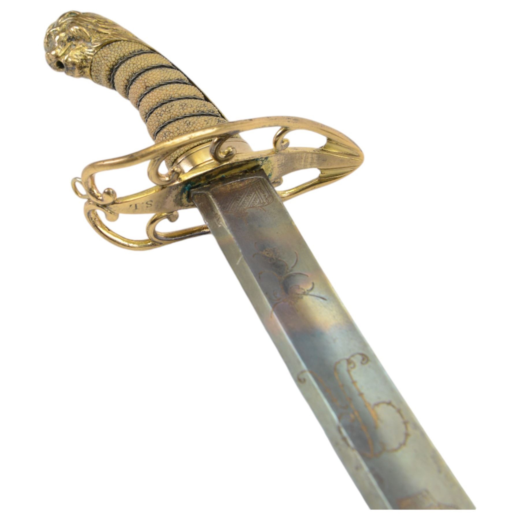 Georgian 1803 British general officer's scimitar, curving blade with traces of engraving, pierced brass hilt marked SL beneath, wire-bound fish skin grip with lion head pommel, overall L96cm