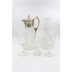 Glassware, to include silver plate mounted claret jug, the tapering body with alternating octagonal and hobnail cut and engraved rose vine panels, and silver plated collar, cover and handle with mask spout, H28cm, together with a 19th century rummer with part facet cut bowl with diamond cut band beneath rim, H13.cm, 19th century cut glass decanter with later stopper, and pair of later wine glasses with etched decoration to bowls and reeded stems, H15.5cm