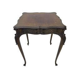 Early 20th century mahogany centre table, shaped moulded top over shaped frieze rails decorated with blind fretwork, on C-scroll and acanthus leaf carved cabriole supports with scrolled terminals 