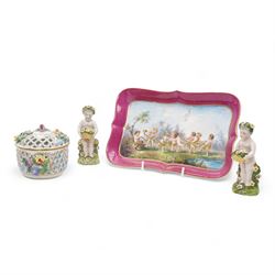 Early 20th century French porcelain tray, hand painted with dancing cherubs, within a pink...