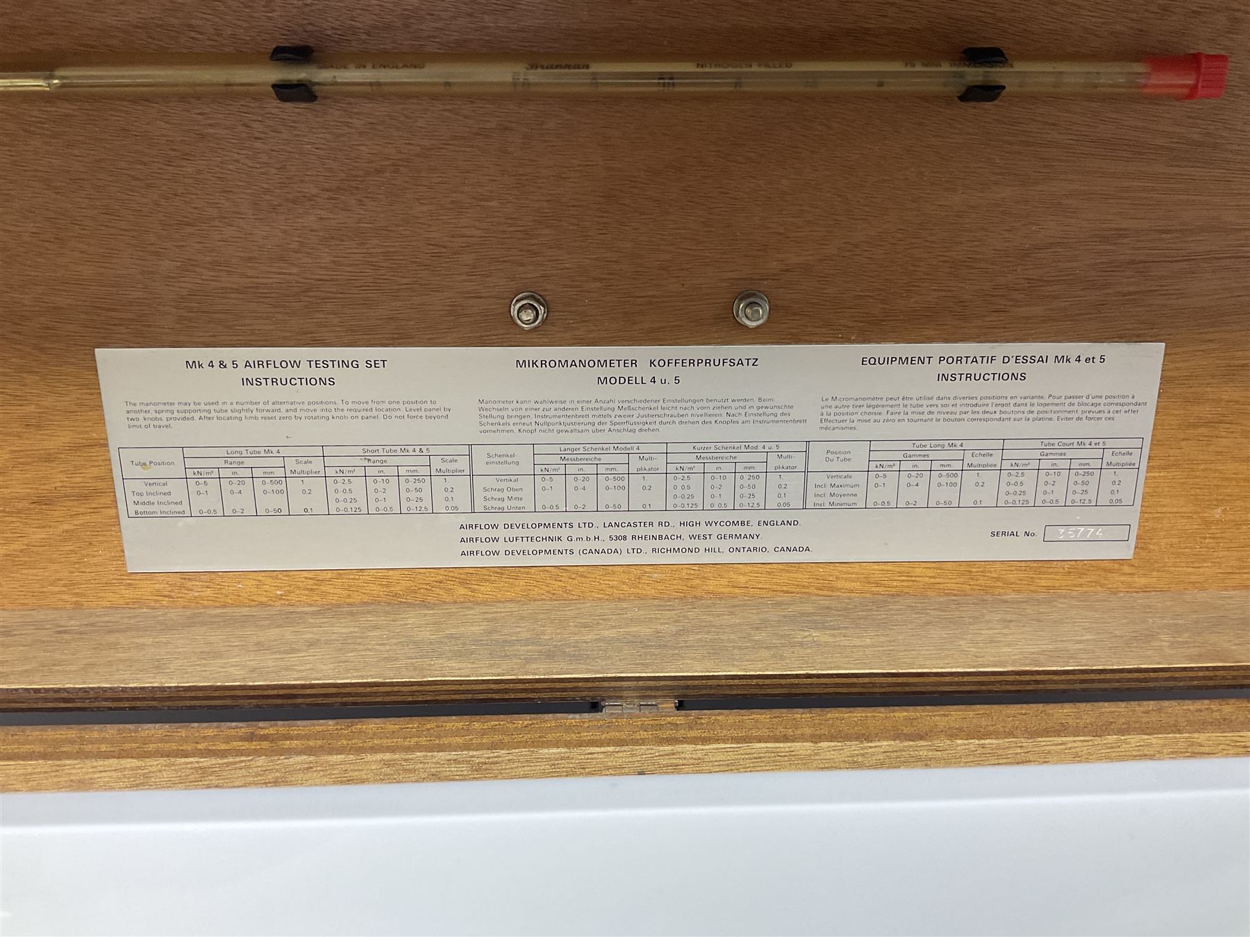 Airflow Developments Ltd. Mk.4/5 airflow testing set (Manometer), serial no.35774, in wooden case with four folding legs L83cm