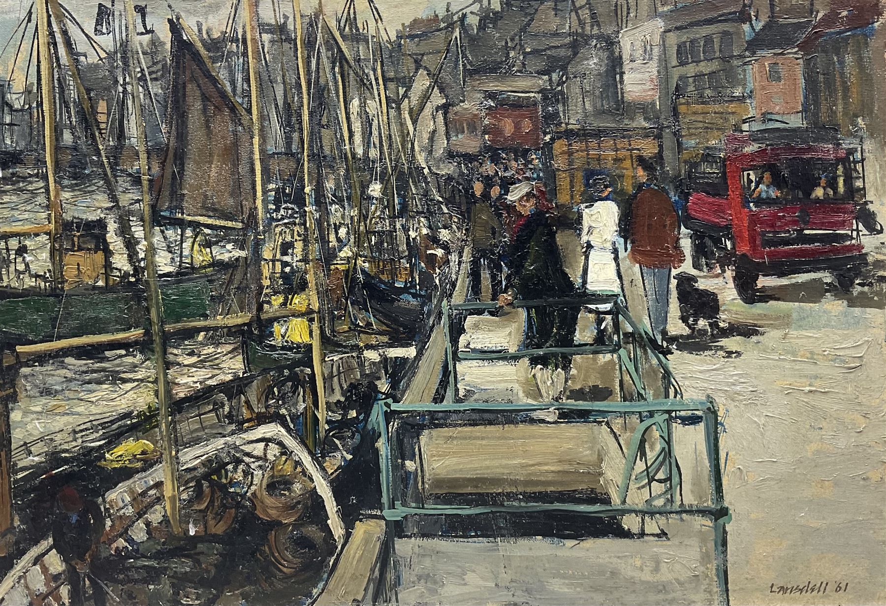 Denis Leonard Lansdell (British 1926-1994): 'Whitby New Quay' - A Busy Day, oil on canvas signed and dated '61, titled and dated verso 45cm x 65cm 
Notes: Denis, who had taught Art and Design in Willesden in London retired to The Old Forge at Nether Compton, just outside Sherborne Dorset in 1989