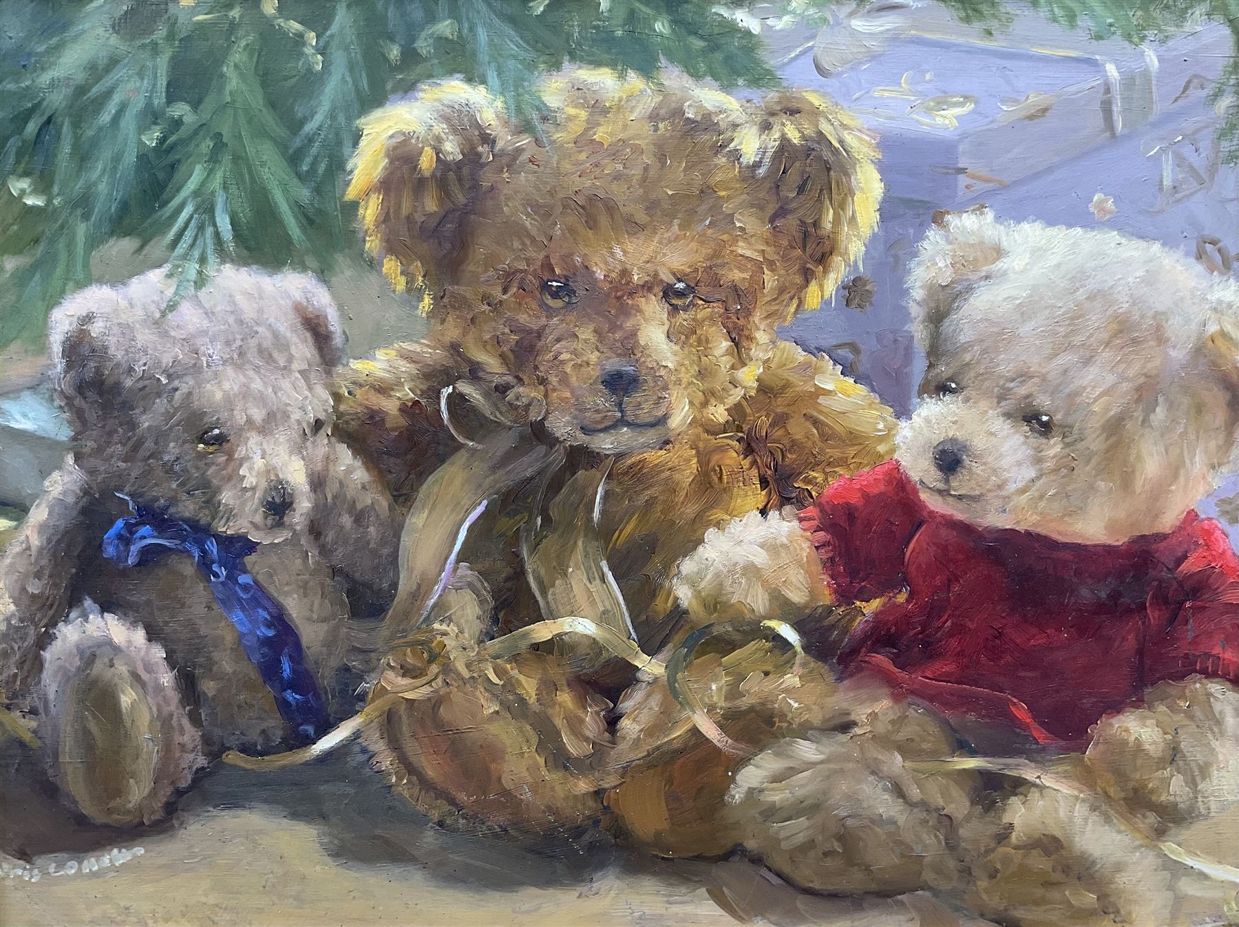 Iris Collett (British 1938-): Christmas Teddy Bears, oil on board signed 31cm x 41cm
Provenance: part of the artist's studio collection