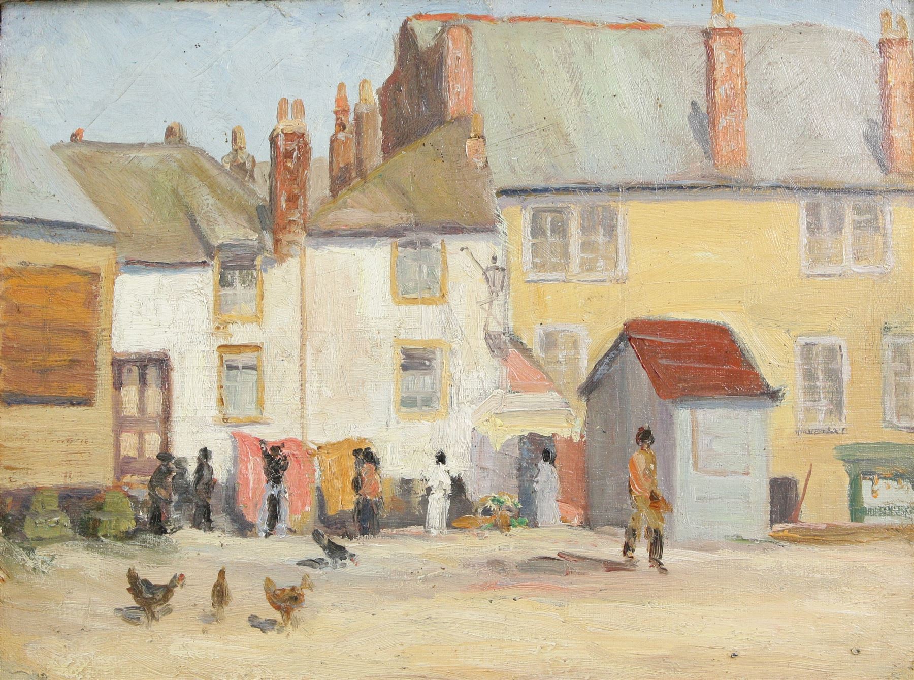 Circle of John Anthony Park (British 1880-1962): Figures and Chickens in a Cornish Town, oil on board unsigned 26cm x 34cm